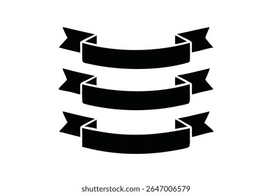 Three Simple Black Ribbon Banners:  Elegant, Minimalist Vector Illustration, Perfect for Website Design, Branding, and Award Ceremony Invitations, Offering a Clean and Sophisticated Aesthetic.