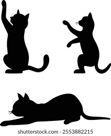 Three Simple Black Silhouette Cats in Different Poses