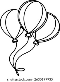 Three simple black and white balloons floating against a clean white background