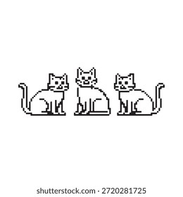 Tres simples gatos de dibujos animados en blanco y negro sentados en una fila