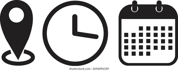 Drei einfache schwarz-weiße Symbole, die eine Positionsnummer, eine Uhr und einen Kalender darstellen und Planung, Planung und Zeitmanagement symbolisieren.