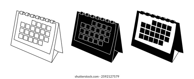 Three simple, black and white illustrations of desk calendars.