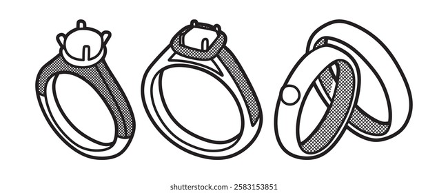 three simple black and white pictures of rings