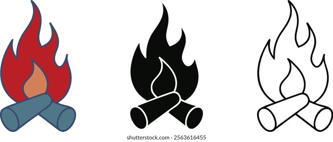 Three simple campfire icons are shown a colored version, a solid black version, and an outline version. Each depicts burning logs and flames.