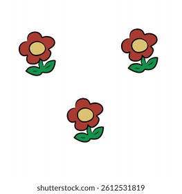Three Simple Cartoon Red Flowers with Green Leaves on White Background. 