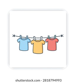 Three simple cartoon style t-shirts in blue yellow and red hanging on a horizontal laundry line secured with wooden clothespins against a white background