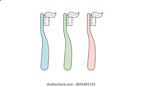 Three simple cartoon toothbrushes in blue, green, and pink colors with a fresh squeeze of white toothpaste on each head.
