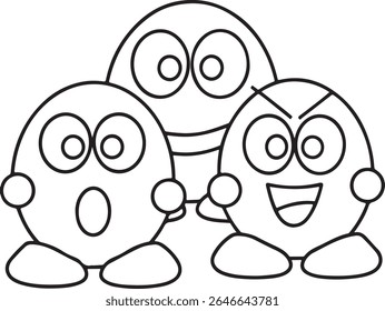Three simple, cartoonish, round characters with big eyes and expressive faces are depicted in a playful, outlined style, ready for coloring or animation.