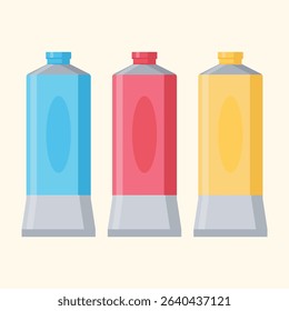 Three simple, colorful tubes, likely for art supplies, presented in a flat design style. The tubes are in different colors, with a simple oval shape on the front.  A light gray metallic cap is visible