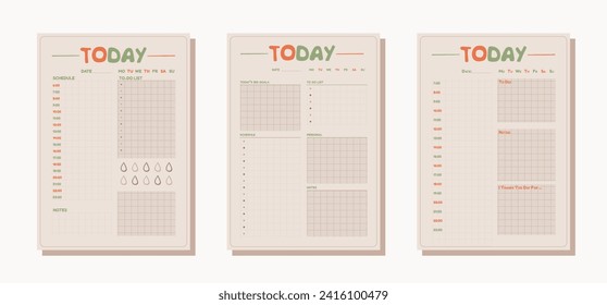 Tres simples planificadores diarios en un estilo vectorial. Diseño minimalista de las páginas de programación organizadoras con listas de tareas pendientes para hoy para una planificación eficaz