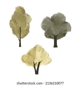 Tres simples árboles de color negro (verde a amarillo) en estilo de pintura, aislados en fondo blanco - EPS 10 vector