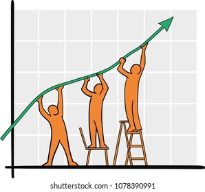 Three simple employees working together to icrease productivity, rasing the profit growth graph, simple isolated vestordrawing