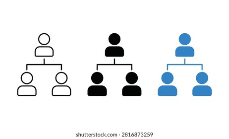 Three simple family tree icons showing one parent with two children in white black and blue