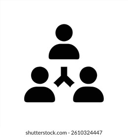 Three simple figures represent a network connection. One figure is above, linked to two figures below. This illustration symbolizes teamwork and collaboration in a professional setting.