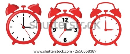 Three simple, flat design red alarm clocks are displayed side-by-side against a white background. Each clock shows a different time, with clear black hour and minute hands.