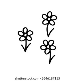 Three simple flower doodles are shown. The flowers are black lines on a white background. They are positioned at different heights and angles