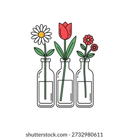 Three Simple Flowers Daisy Tulip and Red Flowers in Glass Bottles on White Background (36) de