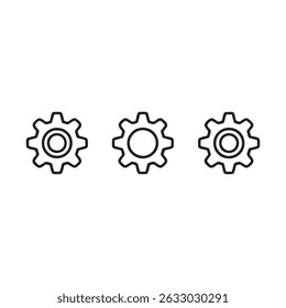Three simple gear icons, variations of line art style. White graphics on a transparent background, a valuable asset for designers needing versatile elements for websites or applications.