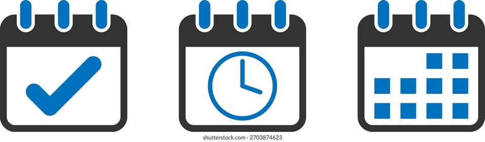 Tres iconos gráficos simples de calendarios, cada uno representa un concepto diferente: una marca de verificación para las tareas, un reloj para el tiempo y una cuadrícula para la programación.