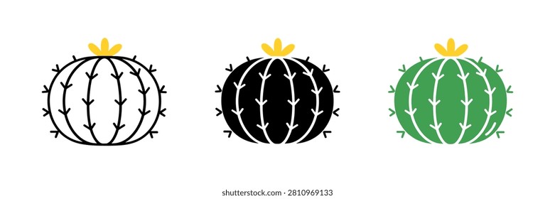 Three simple, graphic representations of a round cactus, one outlined, one solid black, and one green, each topped with a yellow flower