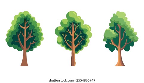 Three simple green trees stand against a white background.
