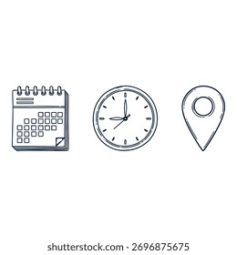 Tres iconos simples dibujados a mano: un calendario, un reloj y un pin de ubicación sobre un fondo blanco.