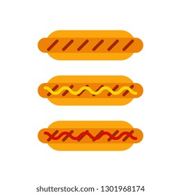 three simple hot dog grill icons with ketchup and mustard on white background. flat vector illustration easy to edit and customize. eps 10