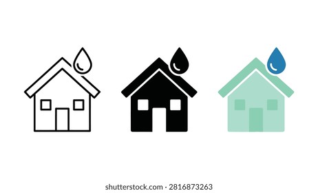 Three simple house icons each topped with a water droplet symbol