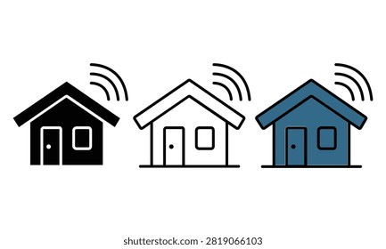 Three simple house icons emitting wireless signal waves isolated on transparent background