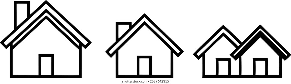 Three simple house icons in a row, featuring a minimalist black and white design. Vector illustration.
