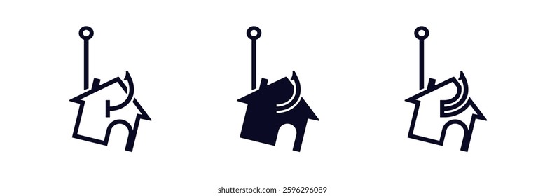 Three simple house icons with straight antennas, shown in a minimalist style, all in black color.