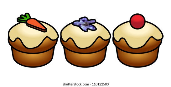 Three simple iced and colorful cupcakes.