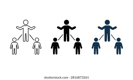 Three simple icon diagrams showing parent and two children connected by lines