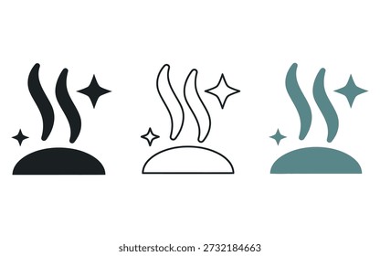 Three simple icons depicting steam rising from semicircular objects with sparkles around them in different colors