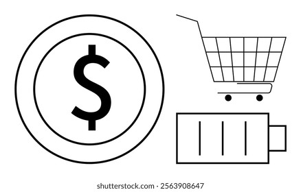 Three simple icons include a dollar symbol within a circle, a shopping cart, and a battery icon with low charge. Ideal for e-commerce, online shopping, finance, energy levels, and consumer behavior