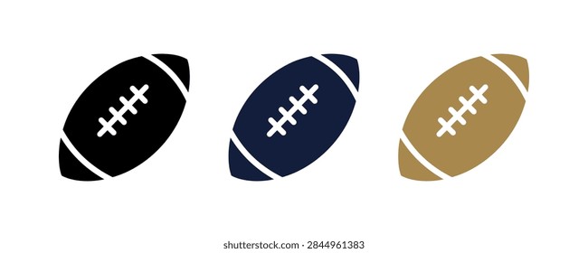 Three simple icons representing American footballs in black, navy blue, and gold colors.