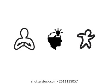 Three simple icons representing calm, inspiration, and action.