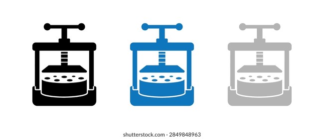 Three simple icons representing a press machine for juice extraction or printing in black blue and gray.