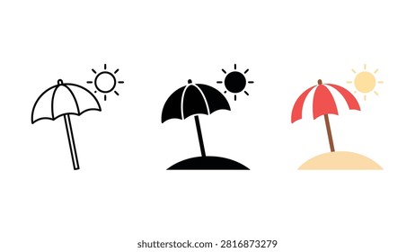 Three simple icons show beach umbrellas in black white red with sun above each