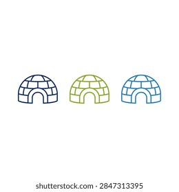 Three simple igloo icons in blue, yellow, and teal, representing arctic shelters.