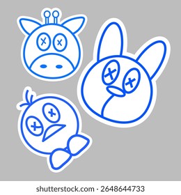 Três rostos simples em forma de animais com olhos em "X"