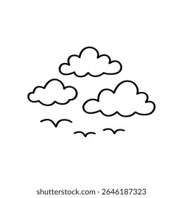 Three simple line art clouds floating in the sky with some birds flying underneath. The design is hand drawn and has a clean vector style