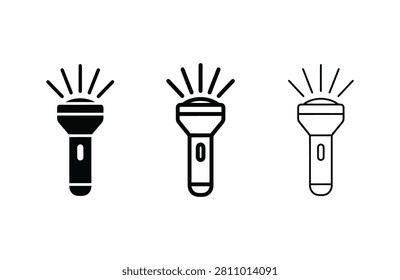 Three simple line art flashlight icons emitting light rays on transparent background