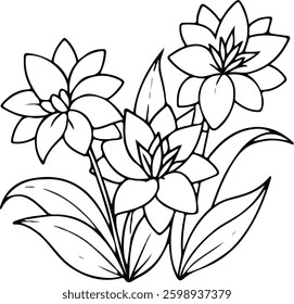 Three simple line art flowers with leaves
