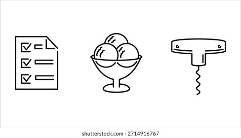 Three simple line art icons representing a checklist, a dessert, and a bar tool are displayed side-by-side on a clean white backdrop