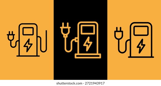 Three simple line art icons of electric vehicle charging stations displayed side-by-side on orange and black backgrounds.