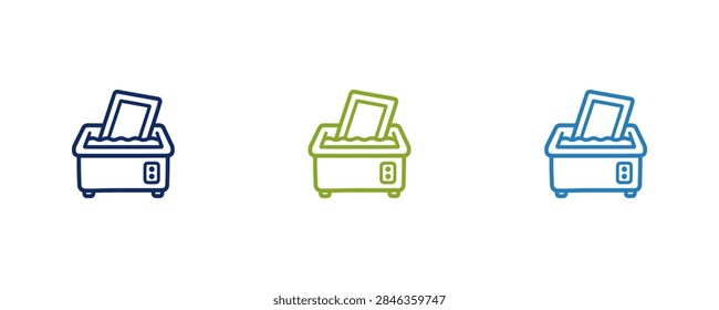 Three simple line art icons depicting a slide projector in blue, green, and purple.