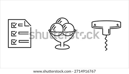 Three simple line art icons representing a checklist, a dessert, and a bar tool are displayed side-by-side on a clean white backdrop