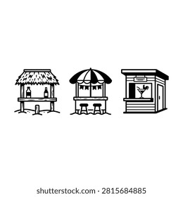 Three simple line drawings of beach bars, one with a thatched roof, one with an umbrella, and one modern kiosk.