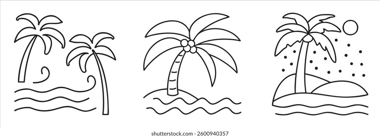 Three simple line drawings of palm trees by the water with sun elements.